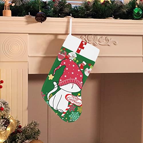 Коледни Чорапи с монограм Santa Котка с Буквата F и Сърце с Размер 18 инча Зелено-Бял цвят