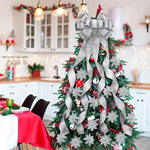 Комплект украси за Коледната Елха Dingion 52 Инча с Топпером и Блестящи Цветове коледна звезда, Голям Декоративен Окачен Лък за Коледно