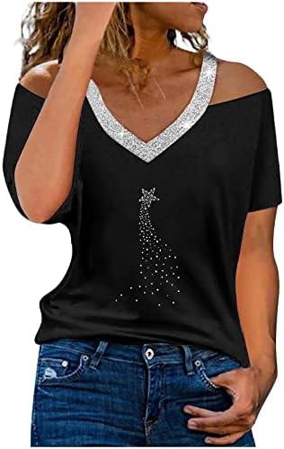 Лятна Есенна Тениска с Дълбоко V-образно деколте за Момичета, Къс Ръкав, Открити Рамене, Памучен Блуза С Пайети, Тениска за Жени