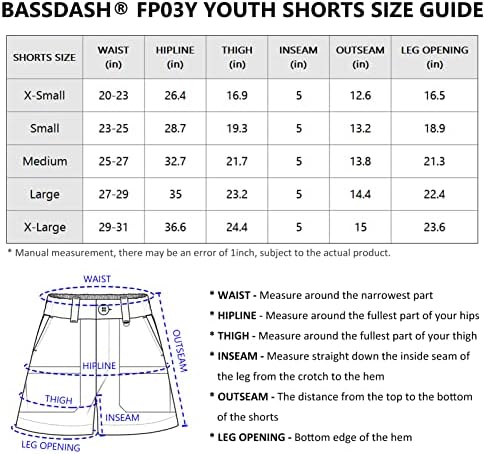 BASSDASH Младежки 5 Шорти за Риболов UPF 50 + Водоустойчив бързо съхнещи Шорти-Карго за Разходки, за Момчета и Момичета с Джобове FP03Y