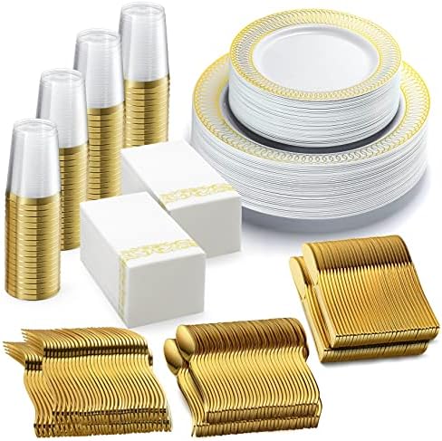 Бели и Златни чинии, Салфетки и Аксесоари за партита от 252 предмети, Трапезария и посуда за възрастни (36 sets), Набор от златни