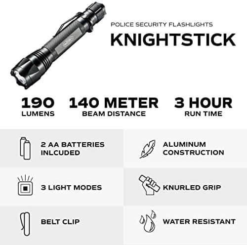 Полицай защитния фенер Knightstick 2AA Ultra Bright Flashlight LED - 190 Лумена - Тактически - Водоустойчив - Висока / Ниска / Светкавица
