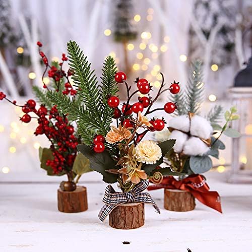 Изкуствена Коледна Елха с Дървена основа, 10,2 Малката Настолна Коледно Дърво с Червени Плодове, Мини-Бор с Цветя и Лък, Коледна