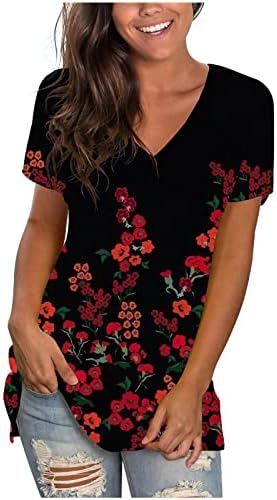 Горната Риза за дамска Лятна Есента Дрехи, Модни Памучен Тениска с Къс Ръкав и V-образно Деколте, Графична Ежедневни Тениска