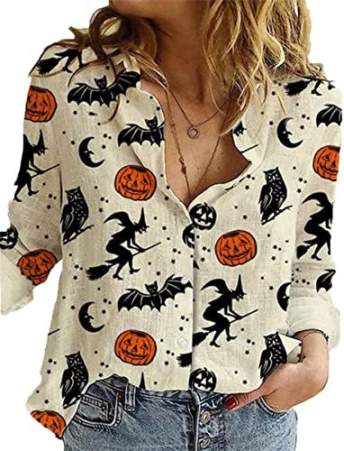 Ризи за Хелоуин Melliflo за Жени, Блузи с Дълъг Ръкав и Копчета, Есен Облекло с Графичен Принтом Тиква