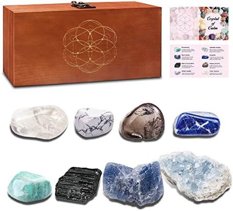Премиум Набор от Кристали Консина и Лечебни камъни в Дървена кутия - 8 Чакра Камъни, Набор от Лечебни Кристали за Защита,
