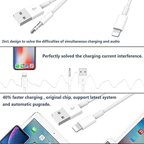 [Сертифициран от Apple Пфи] аудио кабел за зареждане 2 в 1, който е съвместим с iPhone, Aux кабел от Светкавица до 3,5 мм аудио жак Работи