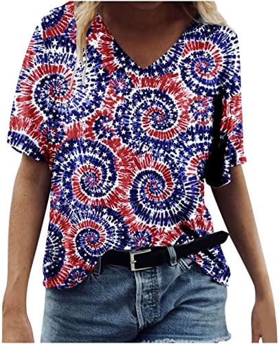 Дамски Ежедневни Модерна Лятна Тениска с V-образно деколте и принтом Ден на Независимостта, Ризи С Къс ръкав