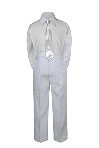 Leadertux/ 3 бр., Официален костюм за малки момчета, Сатен, Сребърен Вратовръзка, Бели Панталони, S-7 (от 4 години)