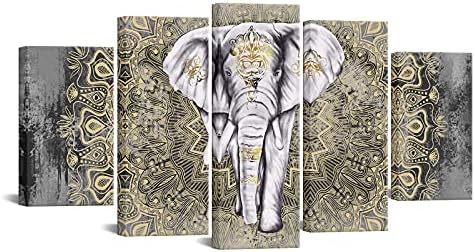 FuShvre 5 Панели Мандала Слон Платно Картина на Голям Племенен Индийски Слон с Шарени Вратовръзки в стил Бохо Разпечатки за