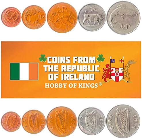 5 Монети от Ирландия | Колекция ирландски монети 1/2 1 2 5 10 Пенса | В обращение 1969-1990 | Бик | Сьомга | Селтик арфа