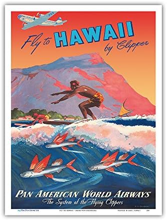 Полет до Хавай на Клипере - Сърфист, кратер Diamond Head - Pan American World Airways - Ретро туристически плакат Марка Фон Аренбурга,