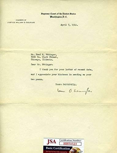 Съдия Уилям О Дъглас, главен Изпълнителен директор на JSA, Собственоръчно Подписано Писмо на 1941 г. с Автограф на съдия от
