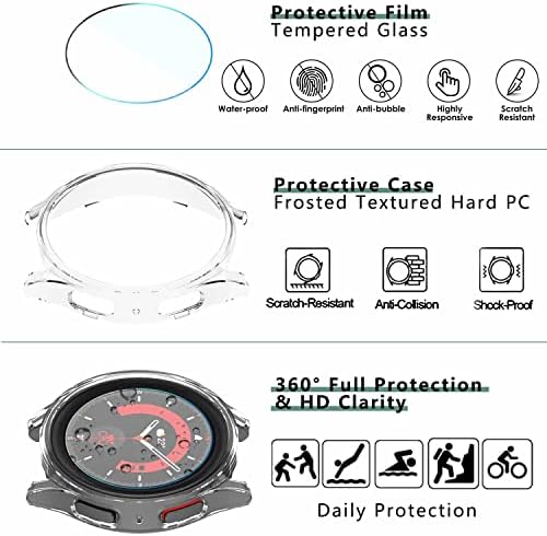 [5 + 5 опаковки] Wuqikuqi за Galaxy Watch 5 Pro Защитно фолио за екрана и калъф 45 мм, Защитен слой от закалено стъкло против