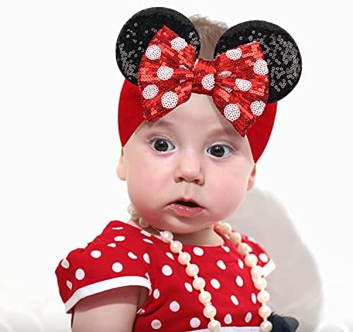 Превръзка на Главата с Пайети в една Червена точка за момичета, Панделки за коса, с Блестящи Уши Мишката, за Новородени Деца, Модни