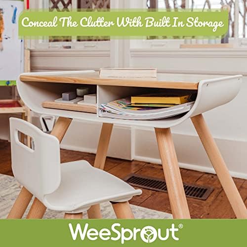 Комплект маси и столове WeeSprout за деца, Здрави Крака от масивна дървесина + Повърхност на масата, Регулируема височина, Вградено