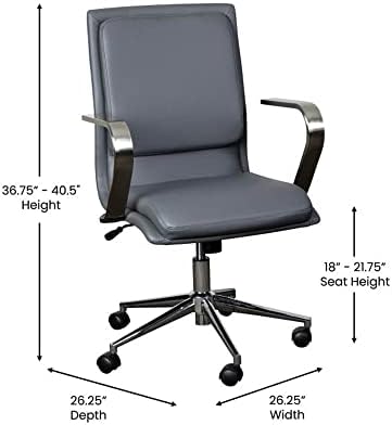 Дизайнерско Офис стол за ръководители на Flash Furniture James със средна облегалка - Сив кожен салон - База и подлакътници от полиран хром