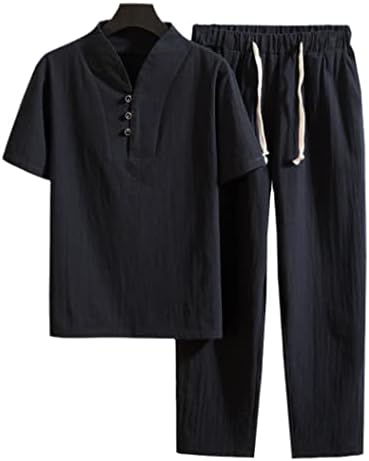 Мъжки Памучен Бельо Тениска с къс ръкав + Комплект панталон с дължина до Щиколоток, Однотонная Риза + Панталон, Домашни Костюми