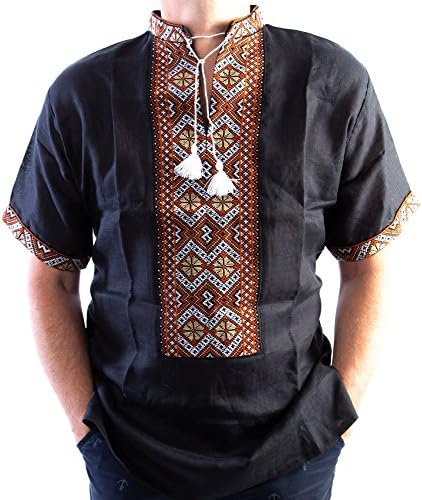 Вышиванка Мъжки Украинската Бродирана Риза с Ръчно изработени от Черно-Кафяв Лен С Къс Ръкав XL