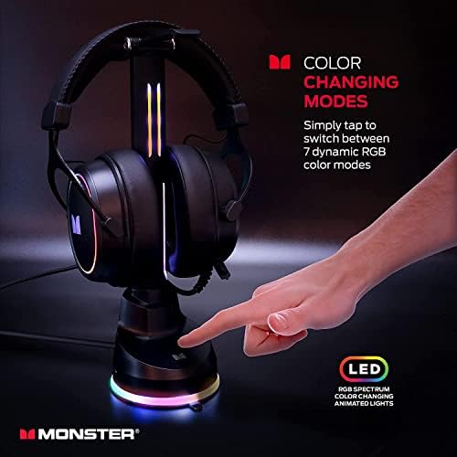 Двойна поставка за гейминг слушалки Monster с 4 порта USB 3.0 и светодиодни ефекти, изменяющими цвета RGB, за жични или