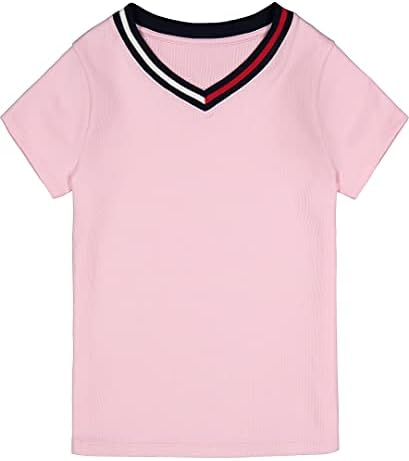 Однотонная тениска с V-образно деколте и къс ръкав Tommy Hilfiger за момичета, бродирани логото и дизайн, без етикети, Ультрамягкая