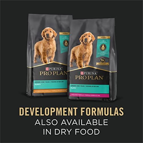 Пастет за малки кученца Purina Pro Plan с високо съдържание на протеин, пилешко и кафяв ориз на първото ястие - (12) 13 грама. Банките