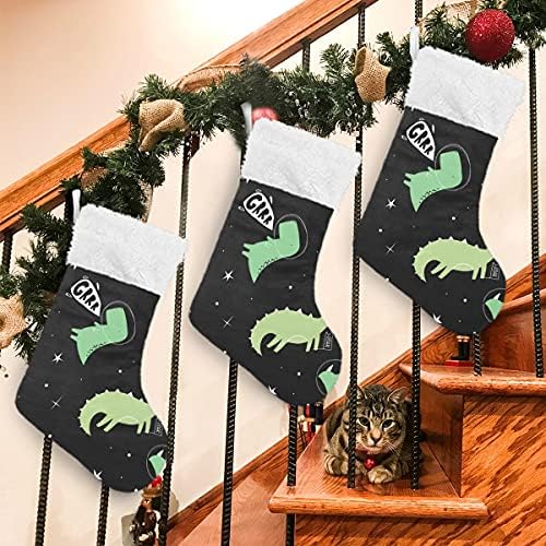 Коледни чорапи ALAZA, 18 инча от Зебло с Голям Зелен Динозавром, Черна Галактика и Плюшени чулками-белезници от изкуствена Кожа, за украса
