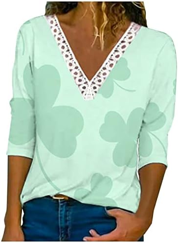 Ризи на Деня на Св. Патрик за Жени, Блузи с Флорални Принтом под формата на Централи, Възли на една Кука, Дантела и Тениски с V-образно