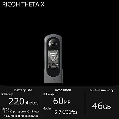 Фотоапарат Ricoh Theta X 360 Градуса, изображението е с висока резолюция от около 60 М, 5,7 До 360, Сензорен екран + литиево-йонна батерия