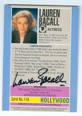 Визитна картичка с автограф на Лорън Бэколл (награда Голям сън Тони) 1991 алеята на славата 119 Обратно - Визитки за филма