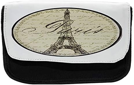 Молив случай за Моливи Lunarable Paris, Реколта Знак Famous Landmark, Тъканно Чанта за Моливи с двоен цип, 8,5 x 5,5, Цвят Каки, Черен, Бял