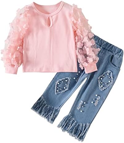 Дрехи за малките Момичета, Лейси Риза с ръкави от тюл с флорална картина и Дънкови Панталони, Уникална Рокля, Детски дрехи (Розово, 5-6