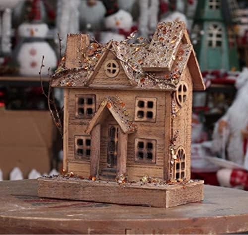 Led Коледен сняг селски дървена къща: Миниатюрна къщичка в топли цветове, светещи на Коледен град. Подходящ за вашия десктоп на централния