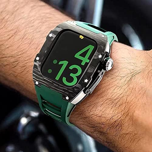KANUZ Луксозен Каишка от въглеродни влакна Калъф за Apple Watch 8 7 45 мм, Калъф за каишка от фторкаучука Моден Комплект за iwatch 6 5 4 SE