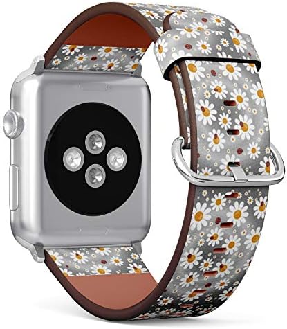 Съвместим с Apple Watch (малки 38 mm /40 mm) Серия 1,2,3,4 - Кожена каишка за подмяна на гривната - Цвете маргаритки