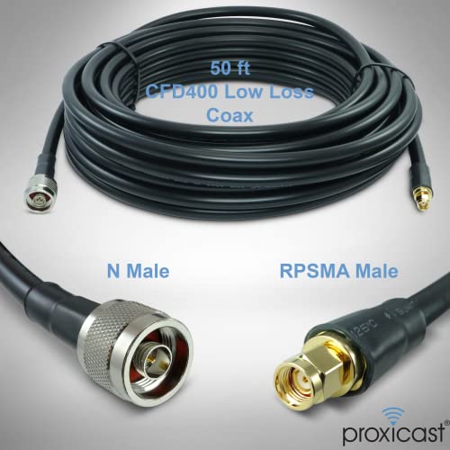 Коаксиален кабел Proxicast 50 ft RP-SMA Male-N Male премиум-клас CFD400 с ниски загуби (50 Ома) за връзка WiFi и Helium Миньор