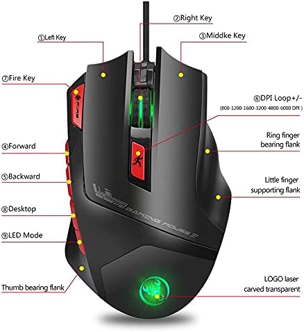 DAILYINT Mouse 9 Бутон на Игрална мишка с висока разделителна способност, Ергономична Компютърна Жичен мишка с подсветка, регулируема