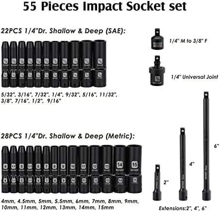 Набор от контакти MIXPOWER 55 броя 1/4Dr. Impact, CR-V, От 6 Точка, SAE /Метрична, 5/32 Инча - 9/16 инча, 4 mm - 15 mm, Плитки