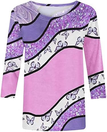 Дамска Лятна Есенна Блуза за Почивка с Дълъг Ръкав 3/4, Модни Памучен Блуза с Кръгло Деколте и Графичен Дизайн, Риза за Дами 6F