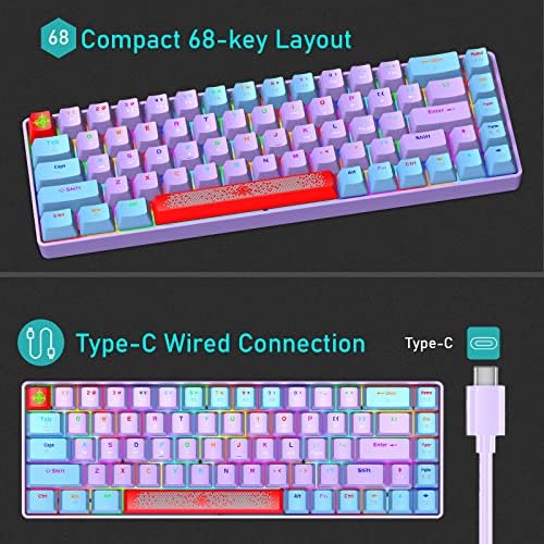 60% Ръчна детска клавиатура Type C, жичен, 68 клавиши, USB-клавиатура с led осветяване, Водоустойчив, 18-цвят RGB подсветката с допълнително