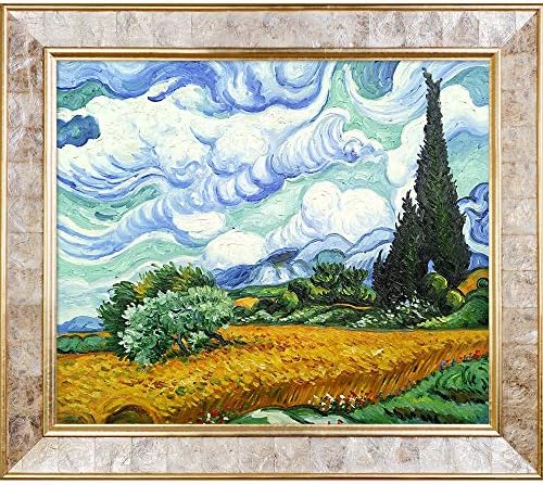Живопис с маслени бои La Pastiche Пшеница поле с Кипариси в Златна Перлена рамка, 30 x 26, Многоцветен