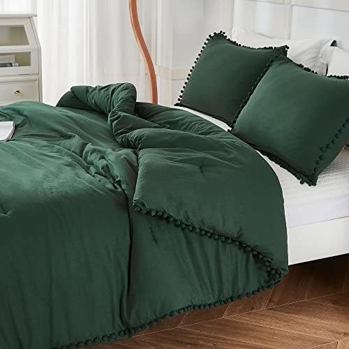 Комплект одеяла изумрудено-зелен цвят Andency в реален размер (79x90 инча), 3 предмета (1 одеало с ресни от помпонов, 2 калъфки