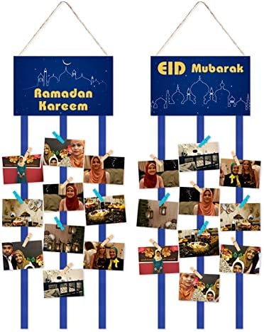 Държач за карти Eid Mubarak на Ден на Рамадан Карим Стенни Поставки за снимки с 40 Дървени Фотоклипсами под формата на