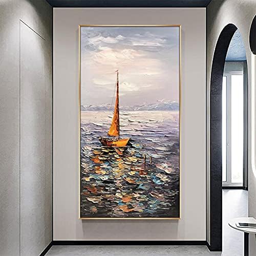 Модерна Текстурирани живопис с маслени бои с ръчно Рисувани - Абстрактен Луксозен Пейзаж с изглед към морето, долно Оттичане