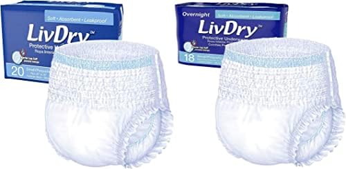 Бельо LivDry за възрастни при инконтиненция на урината, Повишена абсорбция с комплект комфорт през нощта - Малко, Чанта