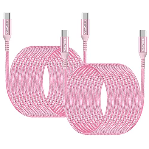15-крак USB кабел C-USB C мощност 100 W, розов (2), е много Дълъг зарядно устройство, USB Type C, кабел с оплеткой за бърза за зареждане,