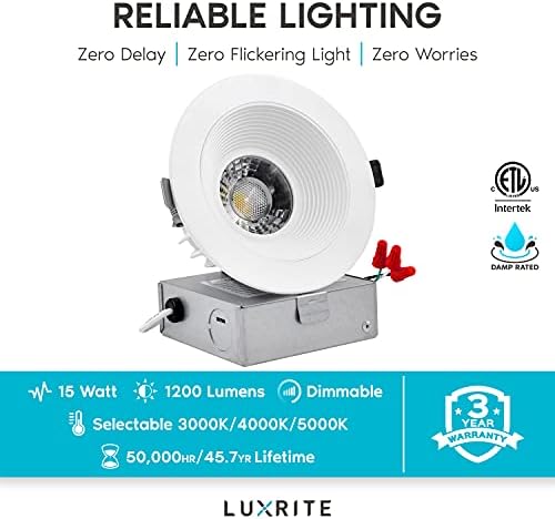 LUXRITE 4-Инчов led-вградени лампа с разпределителната кутия, 15 W, 1200 Лумена, 3 Цветови варианта 3000-5000 До Регрессирующий led лампа,