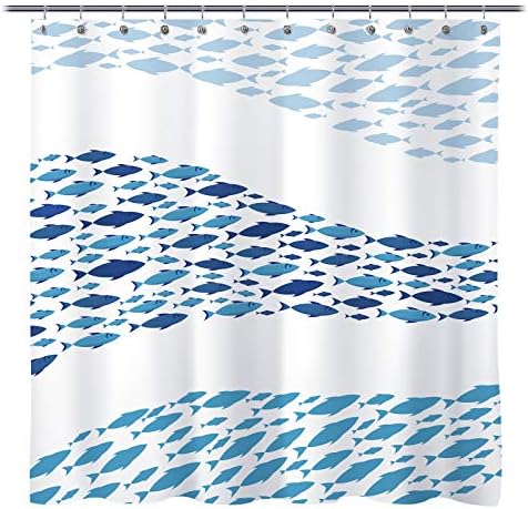 Наводнена Слънцето Дизайнерски душ Завеса За Душ От Плат Blue Fish School, Завеса За Баня с Декор Мультяшными Рибки, Синьо