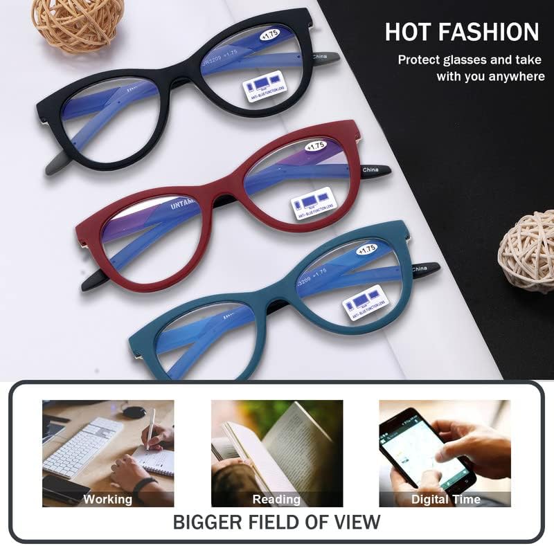 UNTAMID 3 Опаковки Очила за четене с блокиране на синя светлина за жените, Дизайнерски Рамки Котешко око, Женски Компютърни Ридеры с Гъвкави