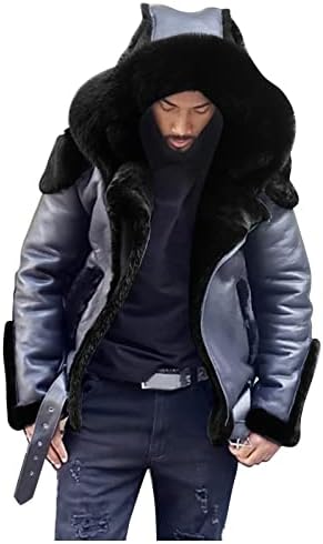 Мъжко палто от изкуствена кожа UBST с Наклонена яка-ревери с цип и качулка От изкуствена кожа, Зимата е Топло Плюшен Парк с Колан